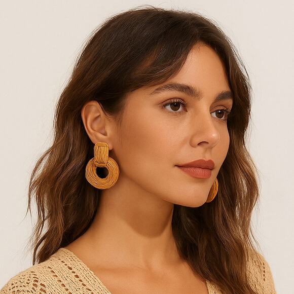 A247-B • Boho Geometric Raffia Rattan Earrings - Picture 1 of 4